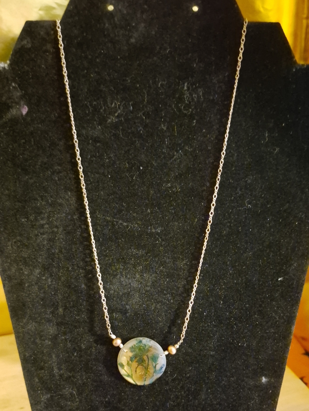 Handmade Botanical Resin Over Mother Of Pearl Pendant Necklace in Green and Blue